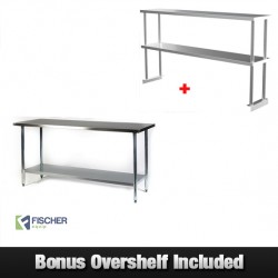 1524 x 760mm Stainless Steel Bench + Double Tier Overshelf